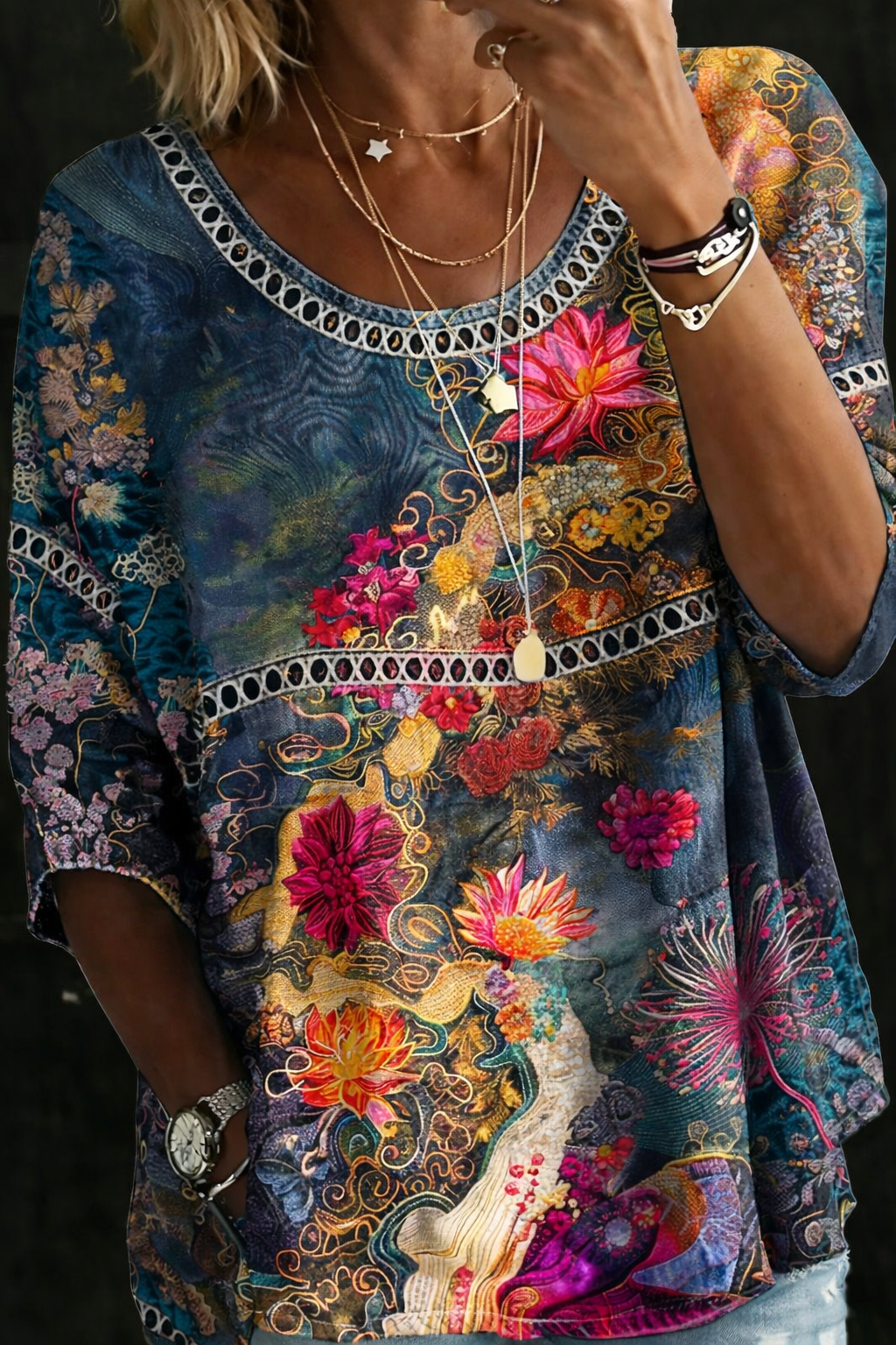 Nicole | Vintage bloemenprint denimblouse