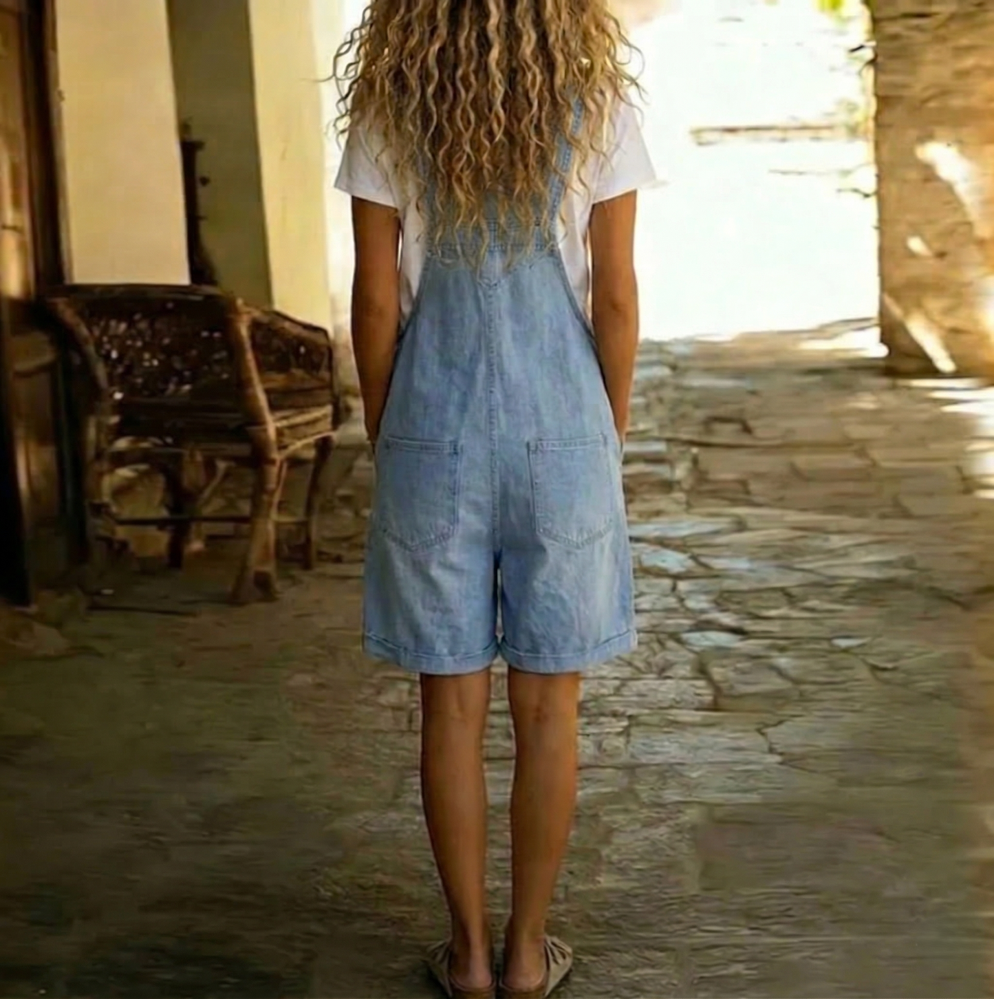 Isabel - Korte denim jumpsuit met een zacht katoenachtig gevoel en een vintage wassing in lichtblauw