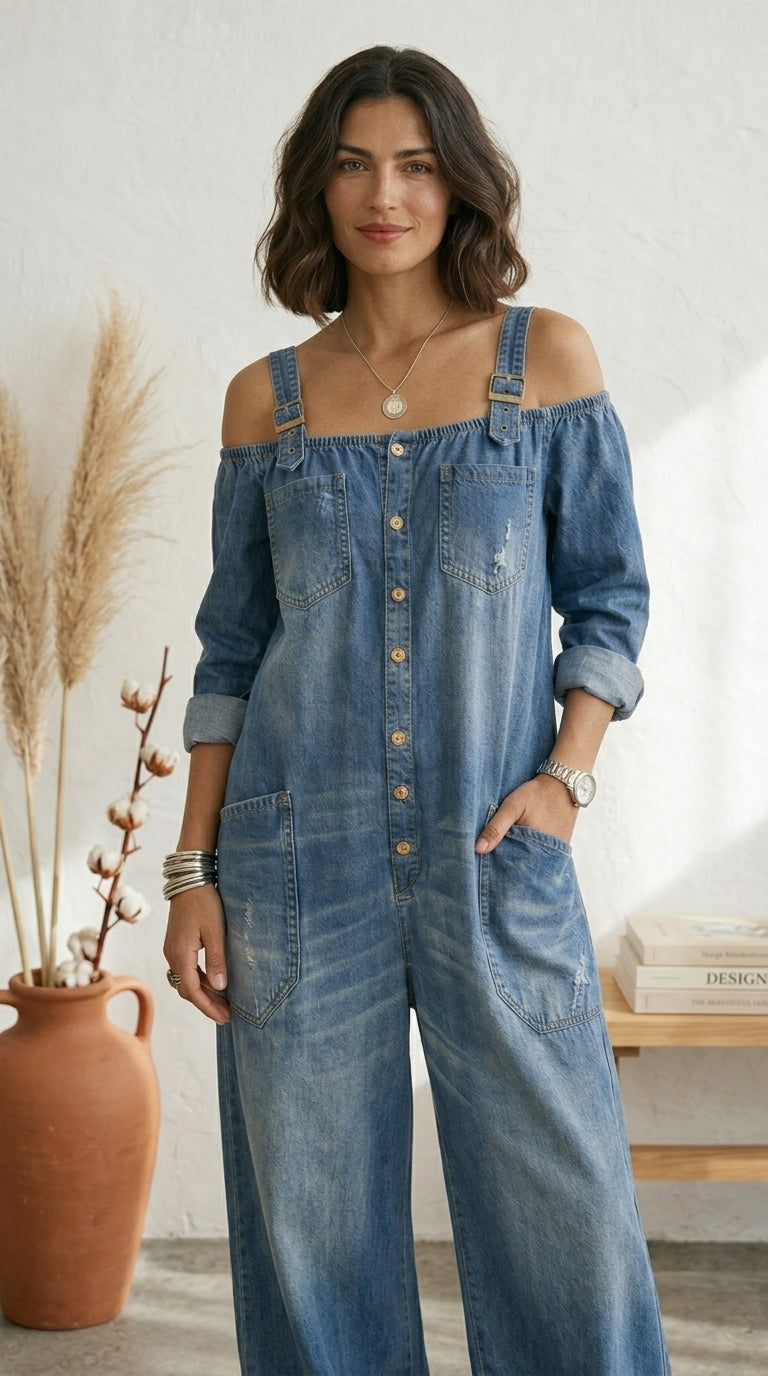 Isabella Amsterdam | Ruth Blauwe jumpsuit met blote schouders en wijde pijpen