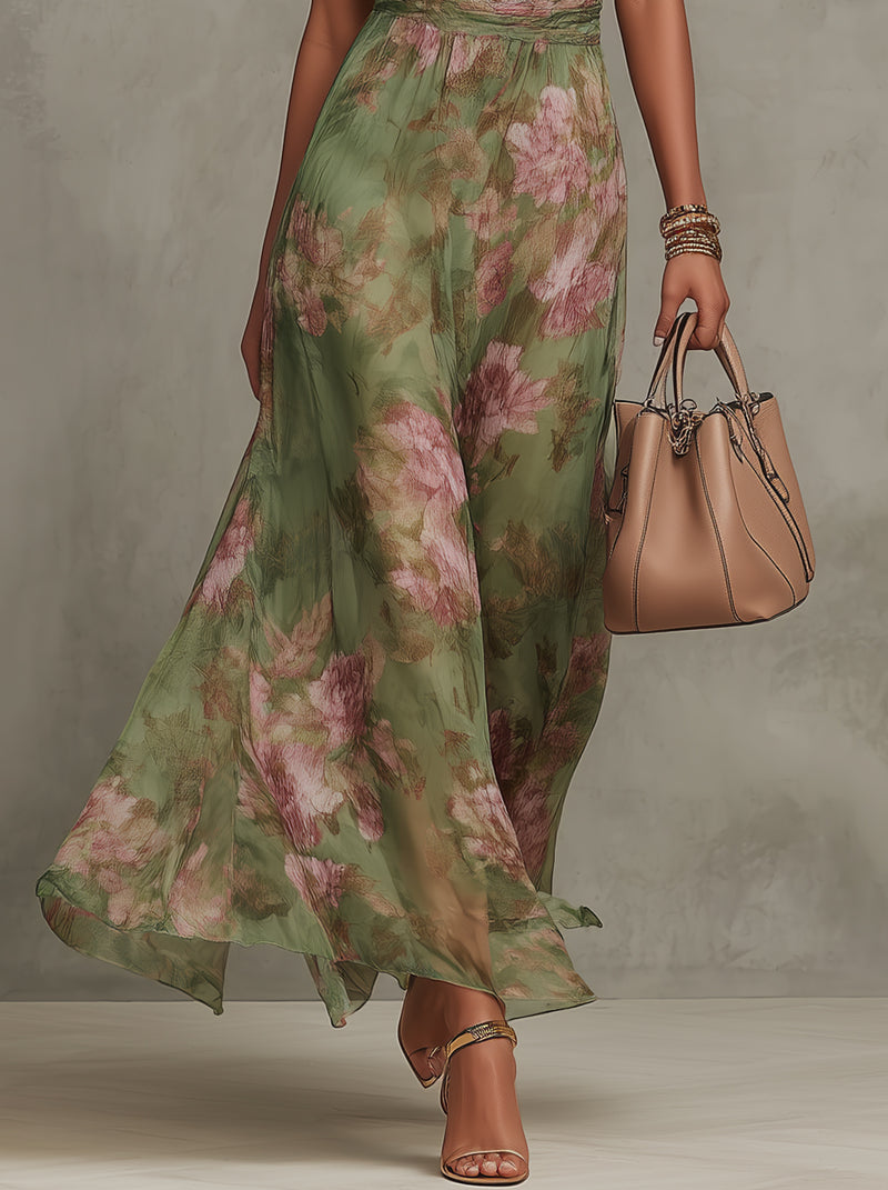 Serena ∙ Lange groene jurk met bloemenprint van chiffon en halternek