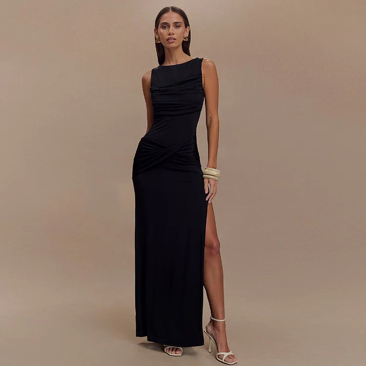 Solid Gathering Split Maxikleid