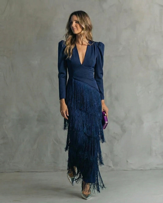 Alessia - Elegante midijurk met franjes aan de mouwen