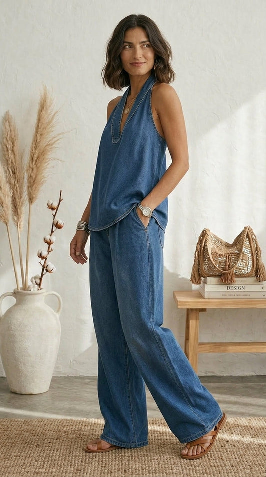 Isabella Amsterdam | Ariadna Blauwe zomerse set met wijdvallende pijpen