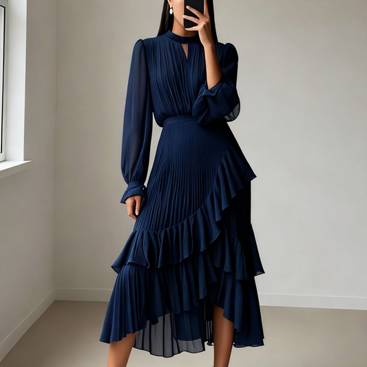 Elegante midi-jurk met plooien en ruches