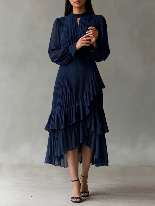 Elegante midi-jurk met plooien en ruches
