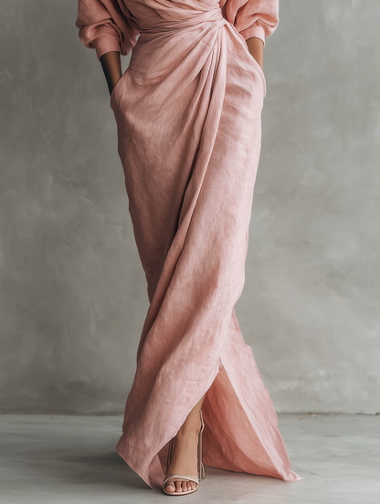 Minimalistische roze maxi-jurk met V-hals van gemengd linnen voor dames