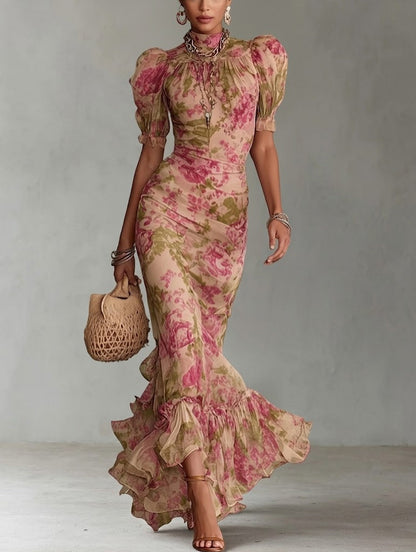 Fiora - Lange jurk met vintage rozenprint en pofmouwen