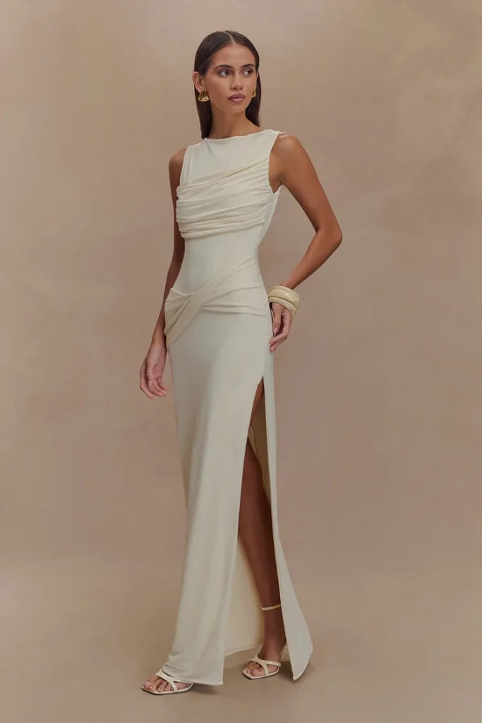 Solid Gathering Split Maxikleid