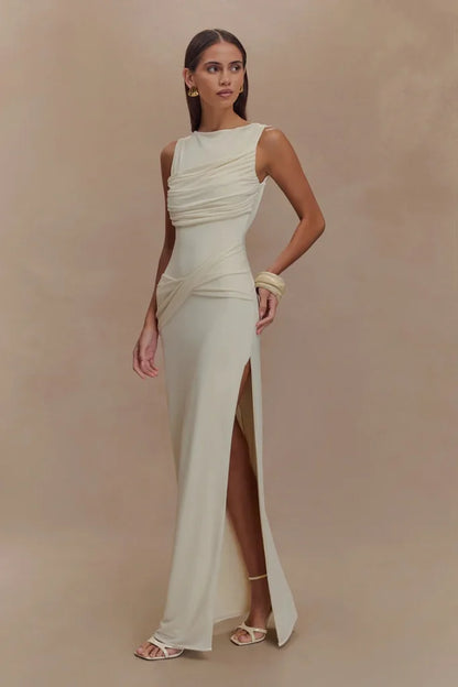 Solid Gathering Split Maxikleid
