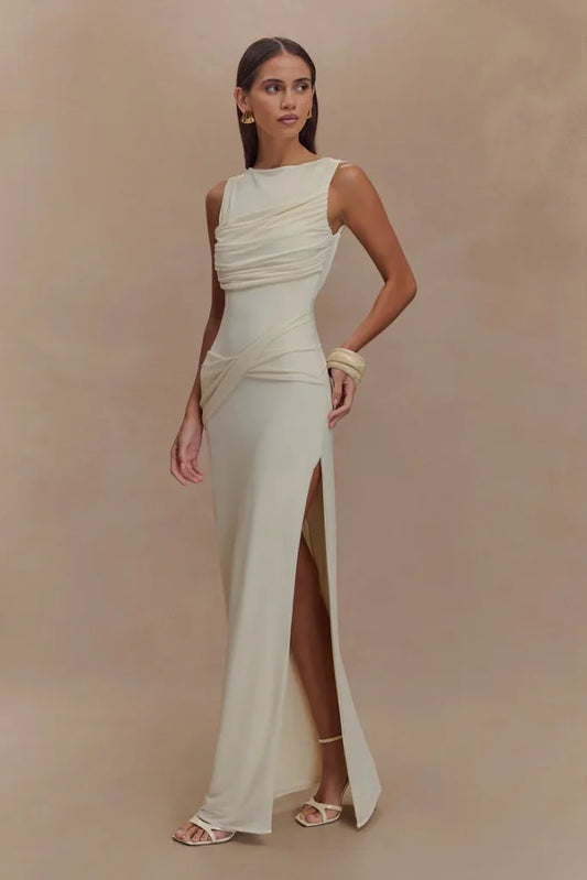 Solid Gathering Split Maxikleid