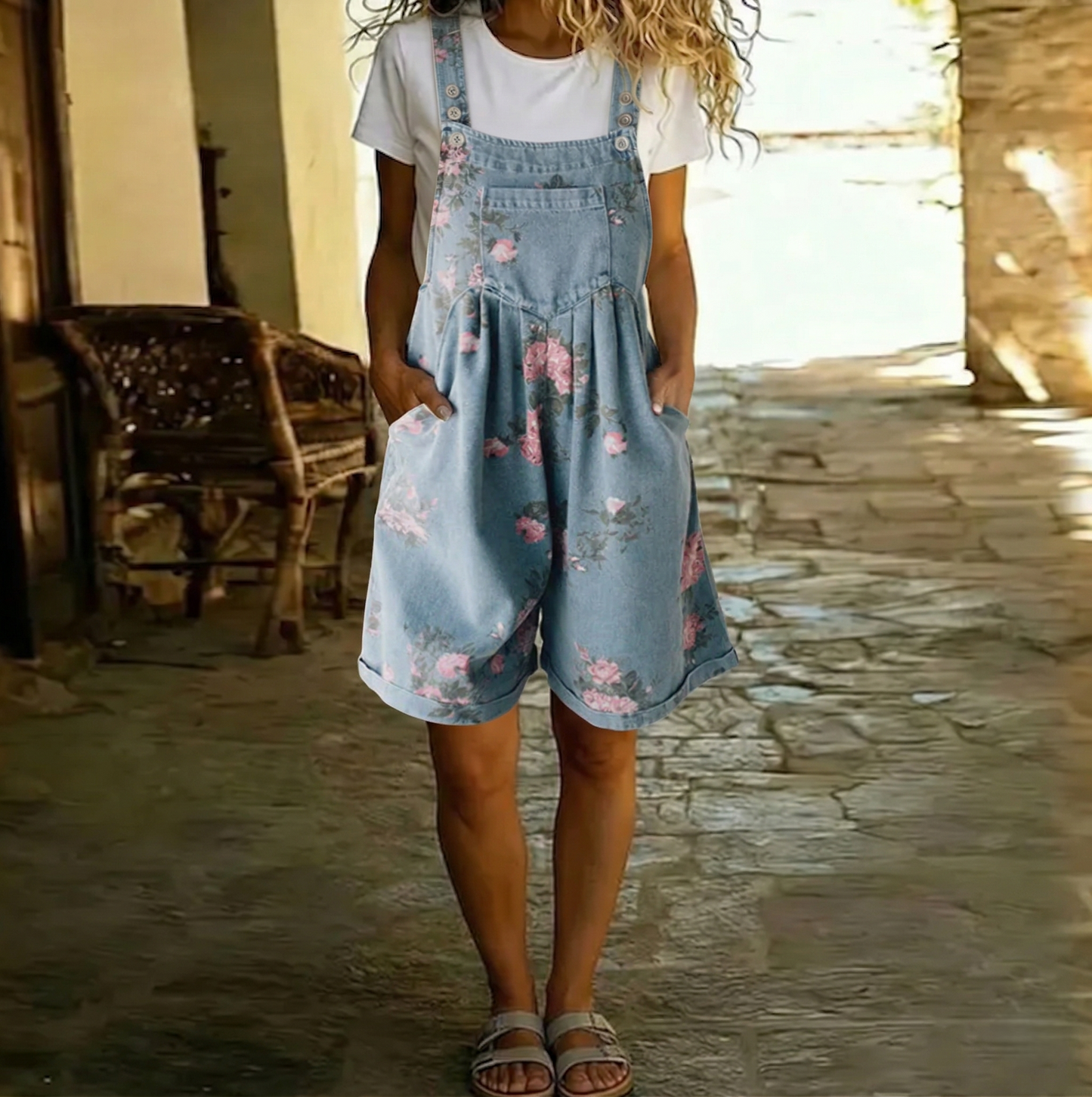 Adriana - Denim jumpsuit met bloemenprint, zacht katoen en een vintage wassing