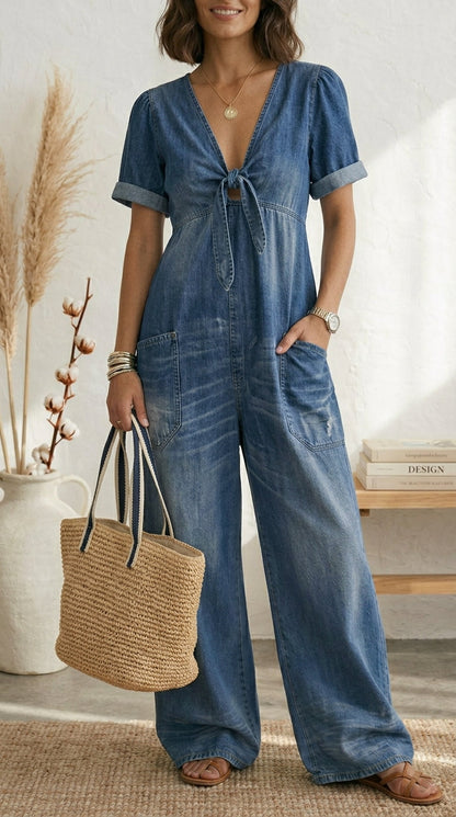 Isabella Amsterdam | Lola Blauwe jumpsuit met V-hals en wijde pijpen