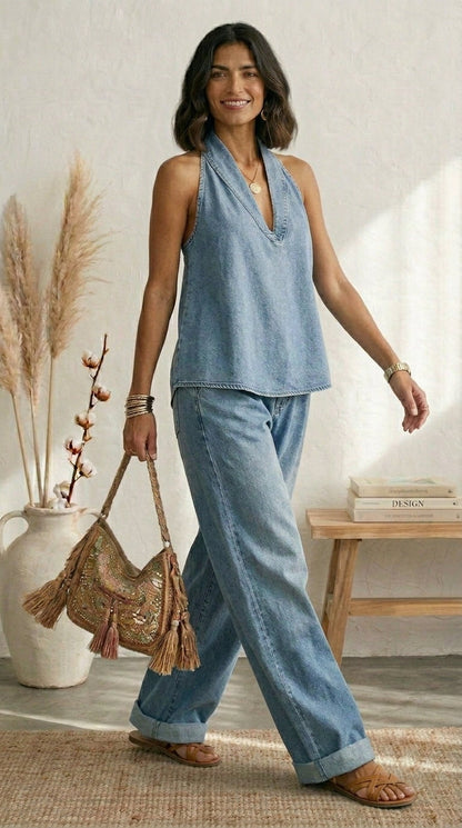 Isabella Amsterdam | Ariadna Blauwe zomerse set met wijdvallende pijpen