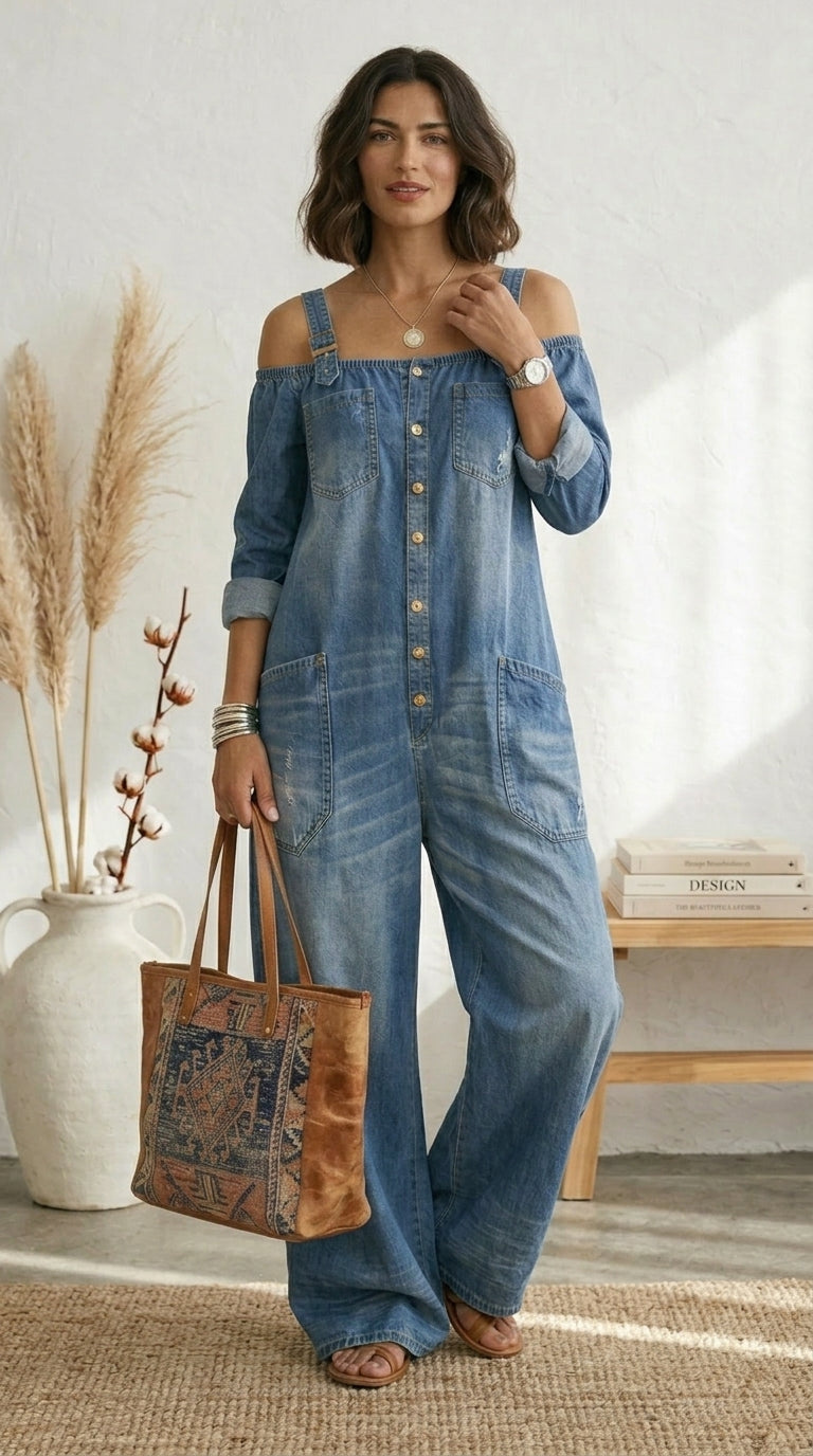 Isabella Amsterdam | Ruth  Blauwe jumpsuit met blote schouders en wijde pijpen