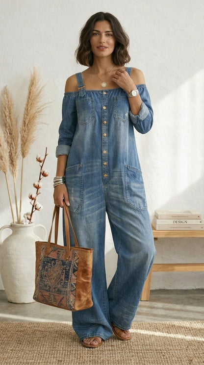 Isabella Amsterdam | Ruth  Blauwe jumpsuit met blote schouders en wijde pijpen