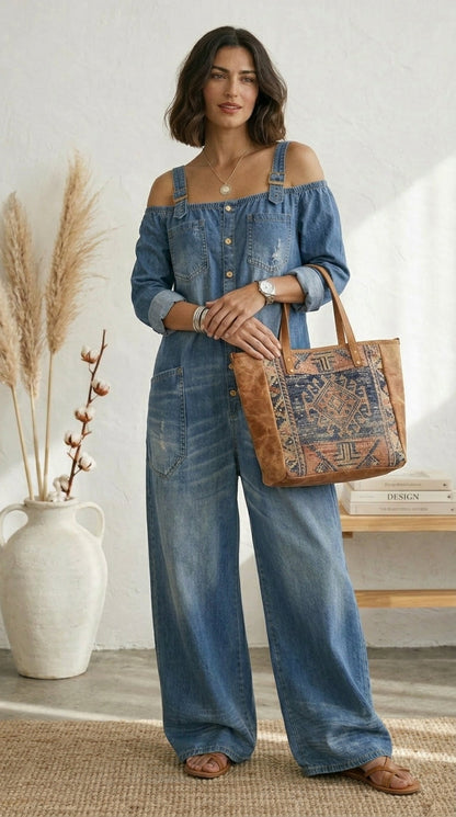 Isabella Amsterdam | Ruth  Blauwe jumpsuit met blote schouders en wijde pijpen