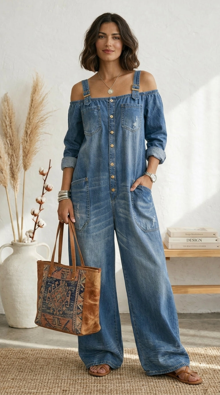Isabella Amsterdam | Ruth  Blauwe jumpsuit met blote schouders en wijde pijpen