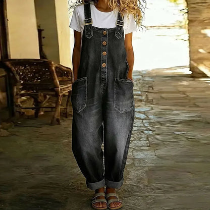 Carmen - Combinaison vintage en jean de coton doux avec bretelles réglables