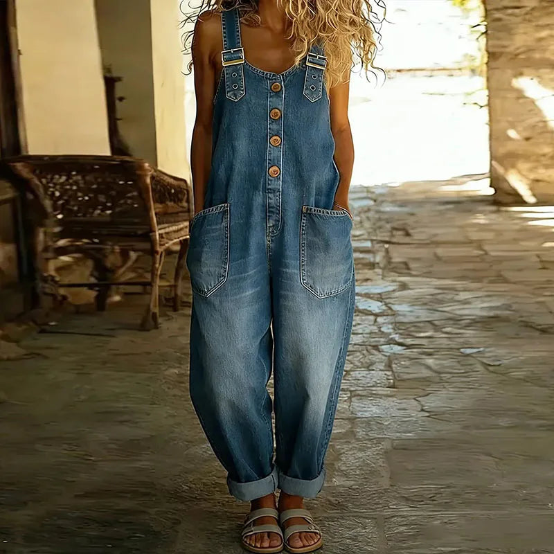 Carmen - Combinaison vintage en jean de coton doux avec bretelles réglables