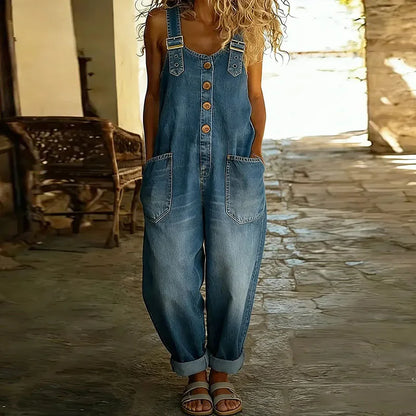 Carmen - Combinaison vintage en jean de coton doux avec bretelles réglables