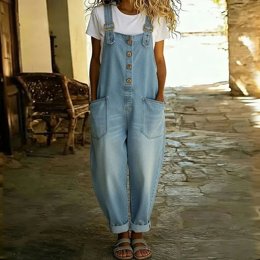 Carmen - Combinaison vintage en jean de coton doux avec bretelles réglables