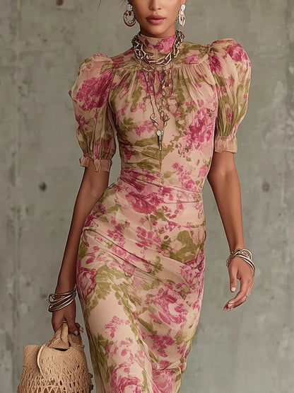Fiora - Lange jurk met vintage rozenprint en pofmouwen