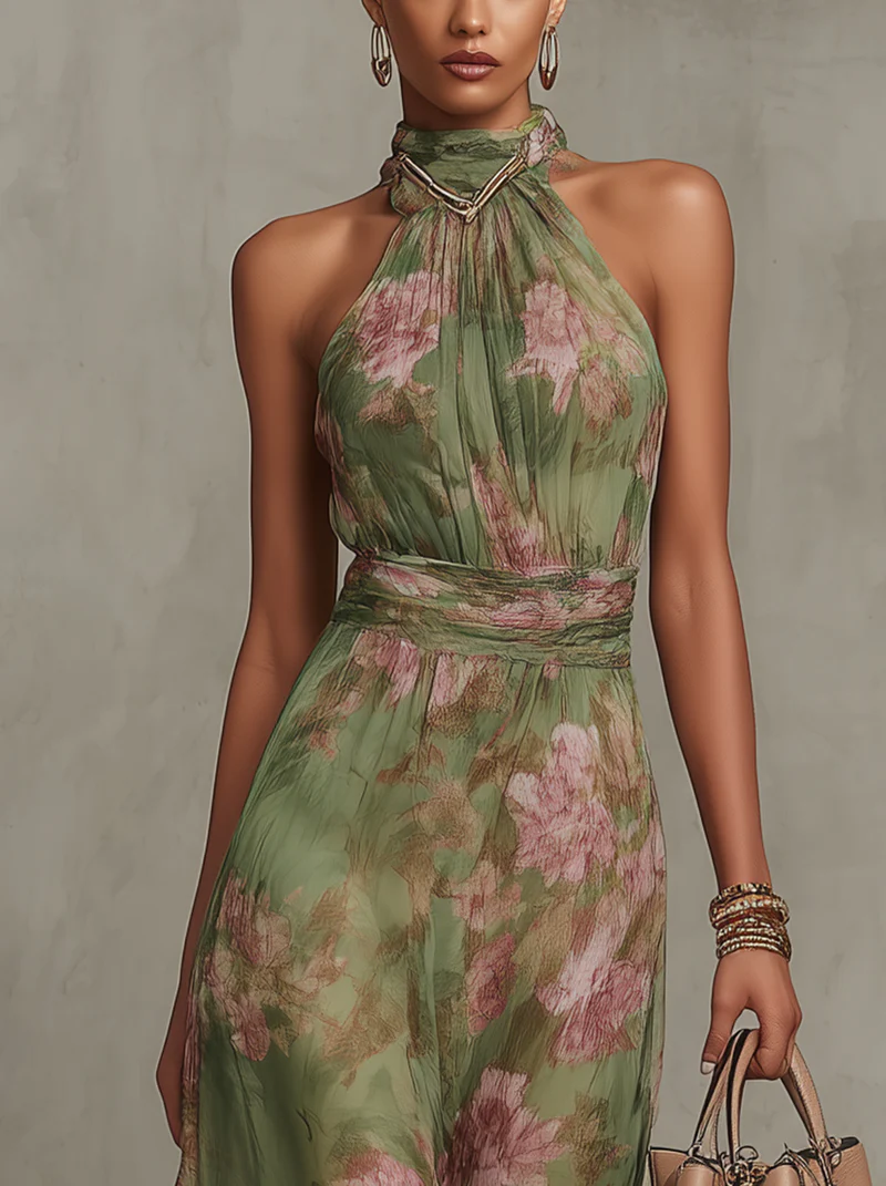 Serena ∙ Lange groene jurk met bloemenprint van chiffon en halternek