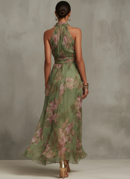Serena ∙ Lange groene jurk met bloemenprint van chiffon en halternek