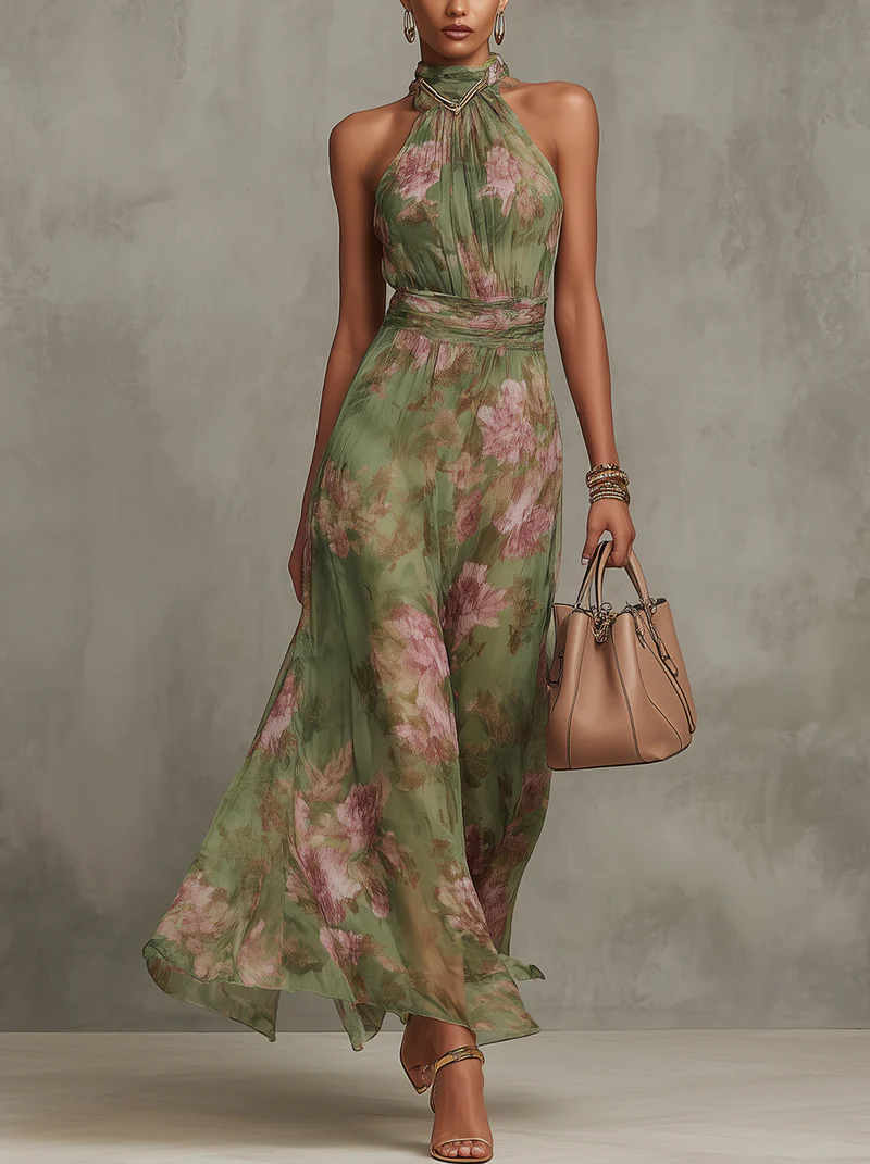 Serena ∙ Lange groene jurk met bloemenprint van chiffon en halternek