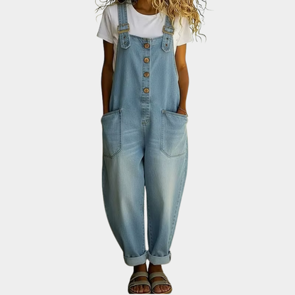 Carmen - Combinaison vintage en jean de coton doux avec bretelles réglables