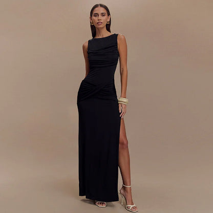 Solid Gathering Split Maxikleid