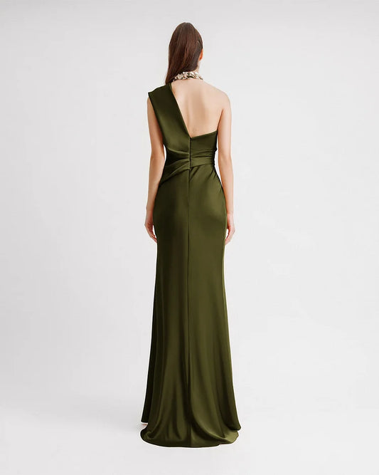 One-Shoulder Drapiertes Olives Kleid