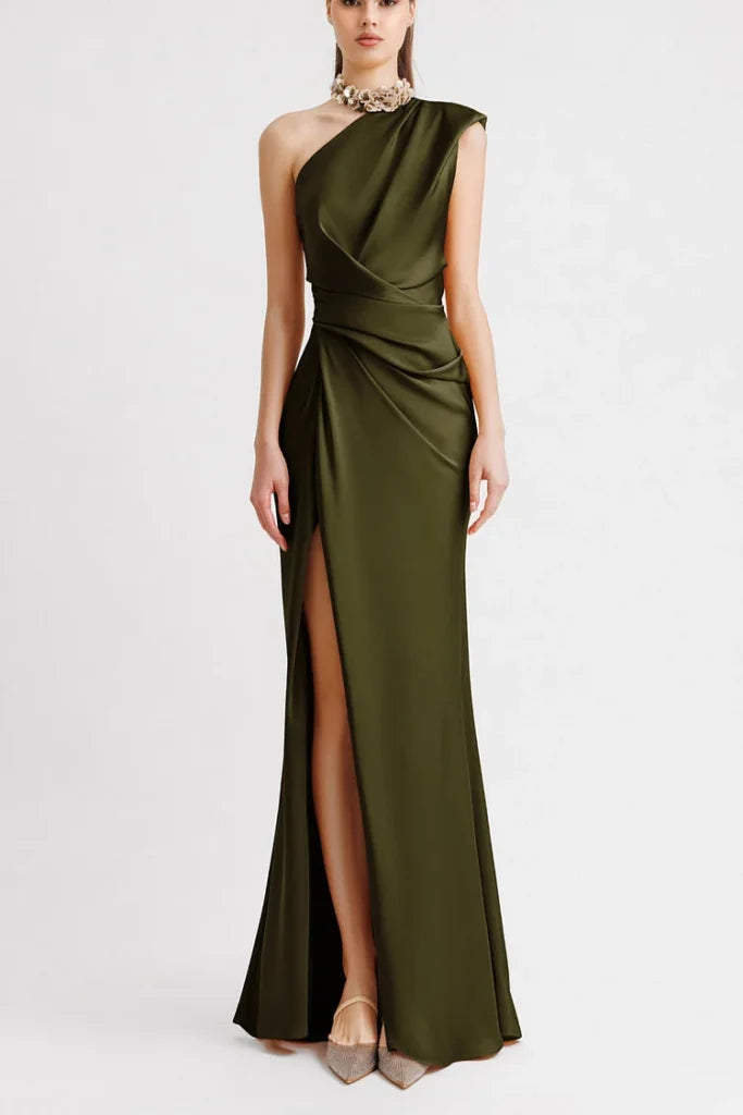 One-Shoulder Drapiertes Olives Kleid