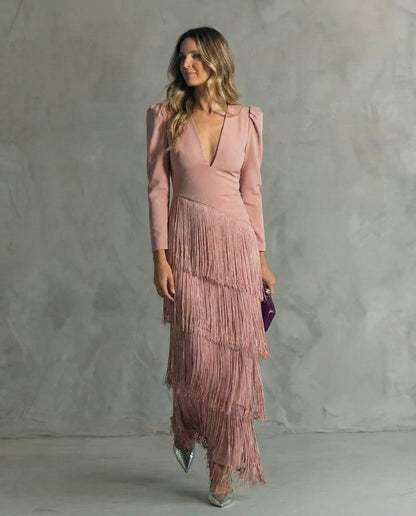 Alessia - Elegante midijurk met franjes aan de mouwen