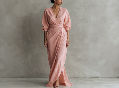 Minimalistische roze maxi-jurk met V-hals van gemengd linnen voor dames