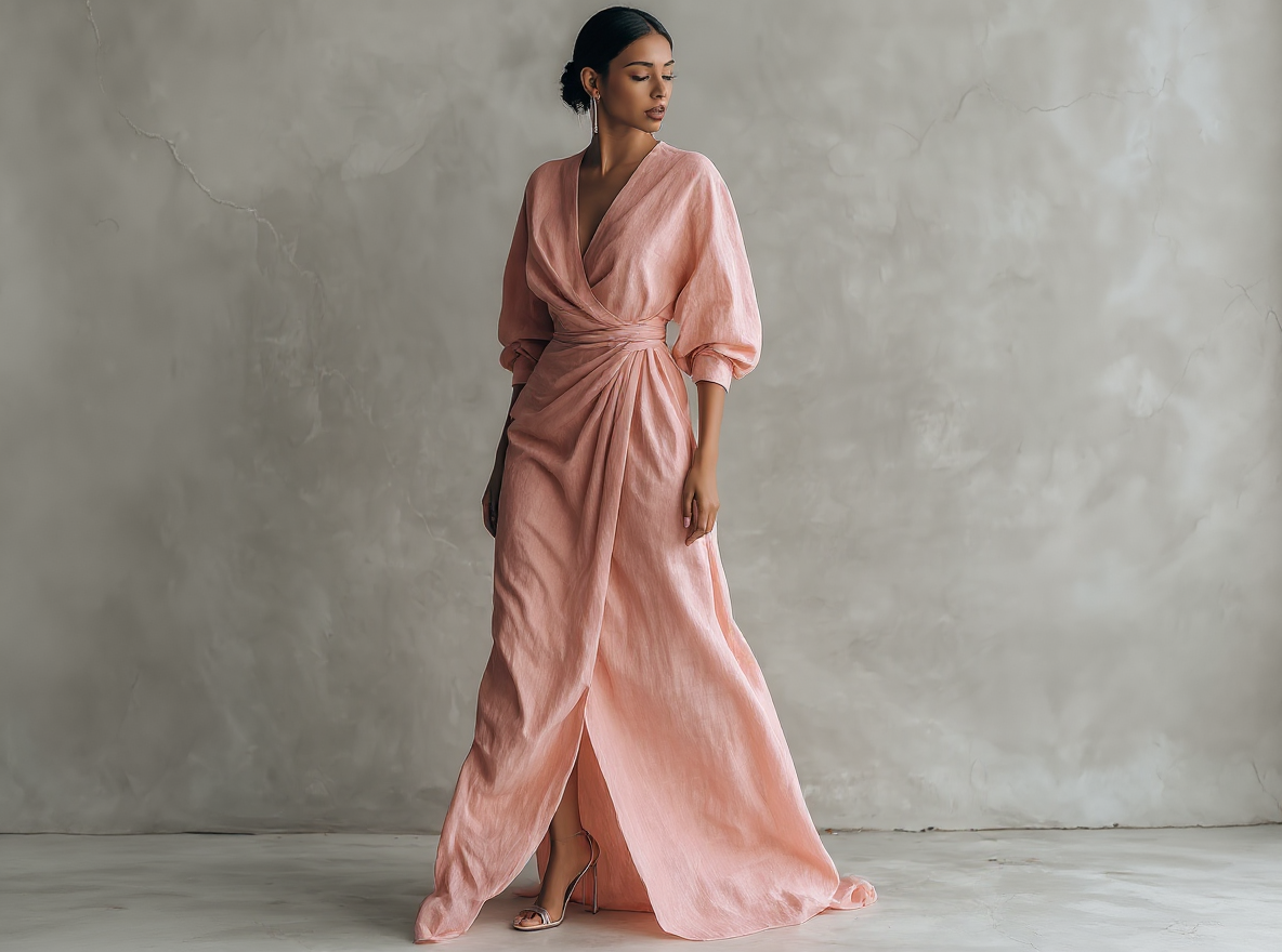 Minimalistische roze maxi-jurk met V-hals van gemengd linnen voor dames