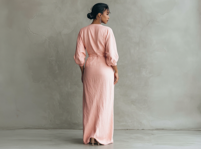 Minimalistische roze maxi-jurk met V-hals van gemengd linnen voor dames