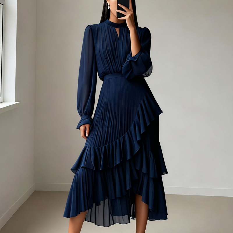 Elegante midi-jurk met plooien en ruches