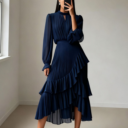 Elegante midi-jurk met plooien en ruches