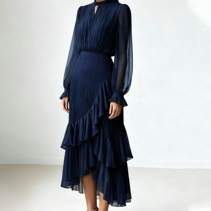 Elegante midi-jurk met plooien en ruches