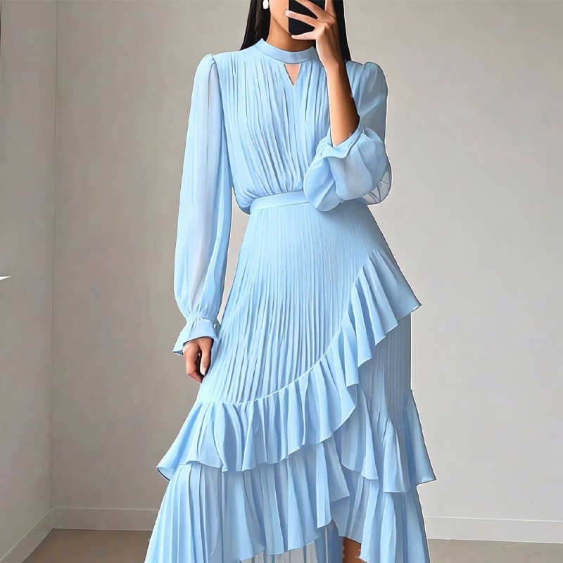 Elegante midi-jurk met plooien en ruches