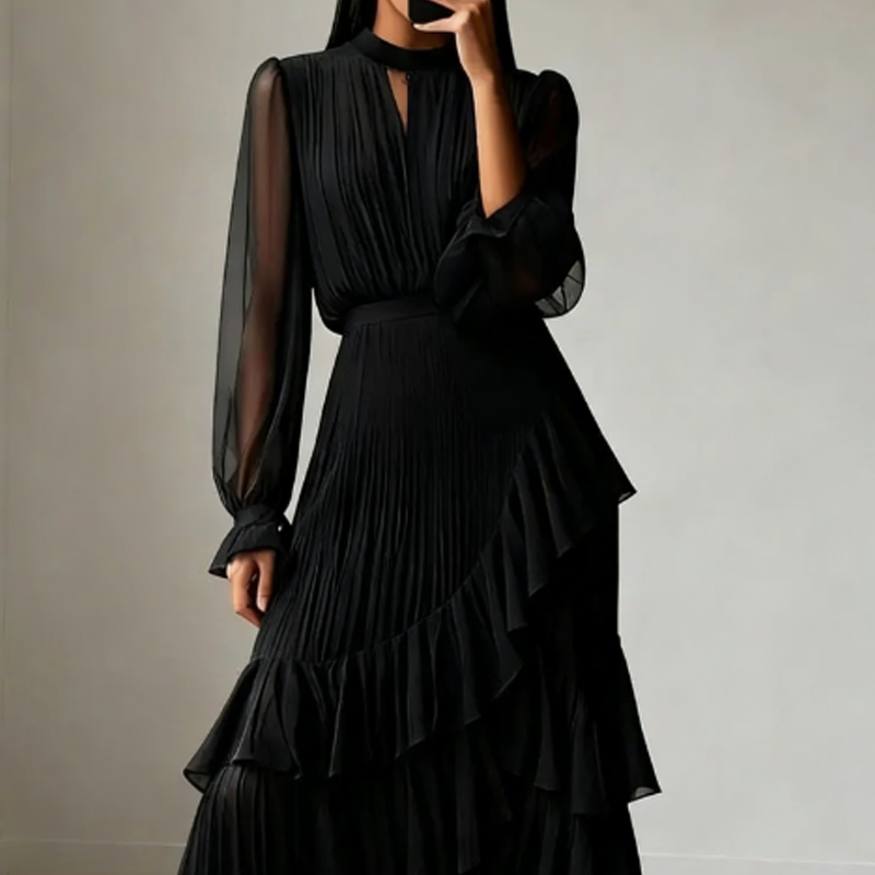Elegante midi-jurk met plooien en ruches