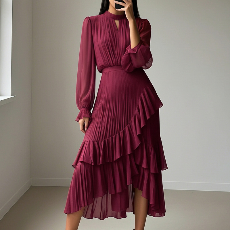 Elegante midi-jurk met plooien en ruches