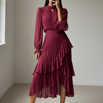 Elegante midi-jurk met plooien en ruches