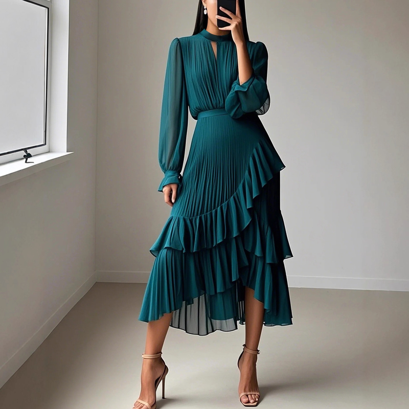 Elegante midi-jurk met plooien en ruches