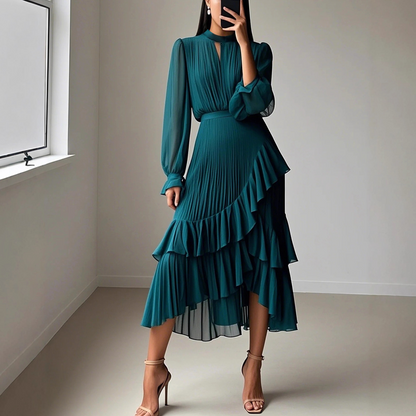 Elegante midi-jurk met plooien en ruches