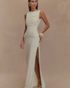 Solid Gathering Split Maxi Dress