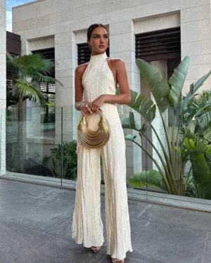 Asymmetric Halter Crop Top With Wide Leg Pants Set