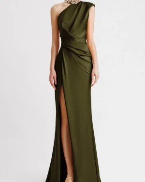 One-Shoulder Draped Olive Dress